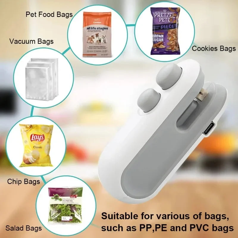 Hnventis 2-in-1 rechargeable mini bag sealer with cutter, portable thermal plastic bag sealing machine for food storage.