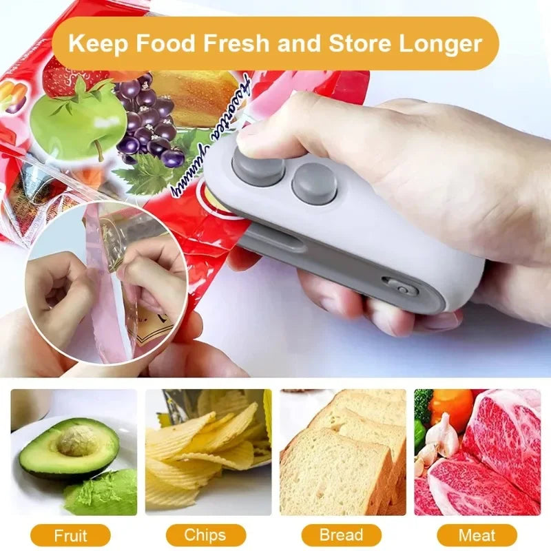 Hnventis 2-in-1 rechargeable mini bag sealer with cutter, portable thermal plastic bag sealing machine for food storage.