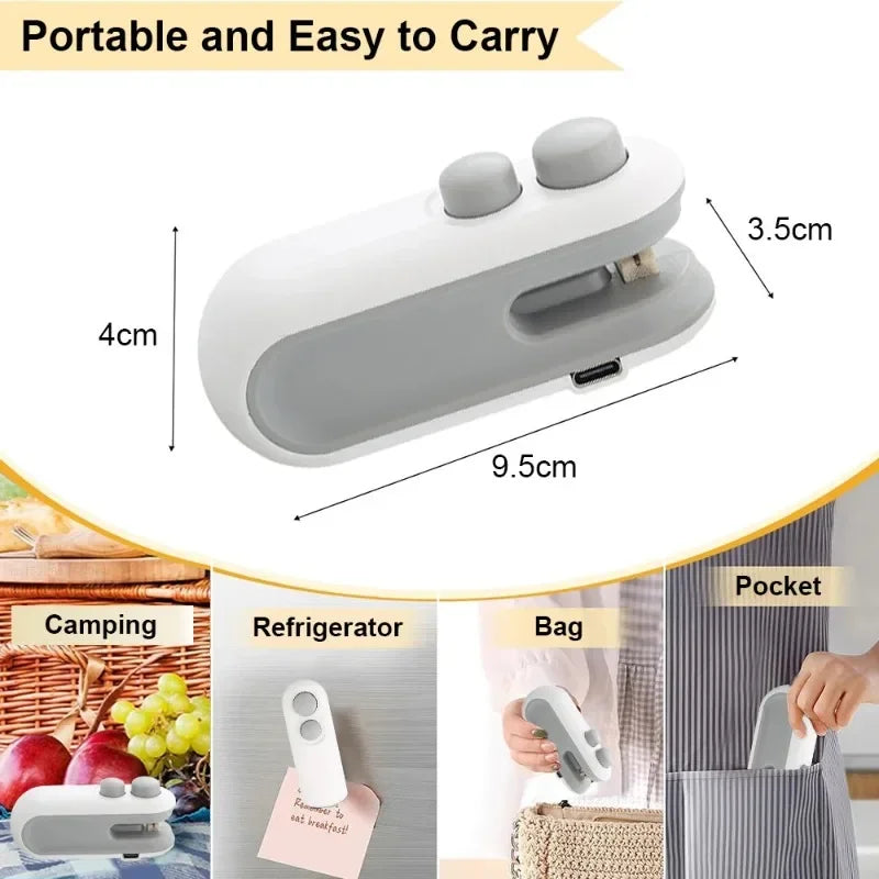 Hnventis 2-in-1 rechargeable mini bag sealer with cutter, portable thermal plastic bag sealer for food storage.