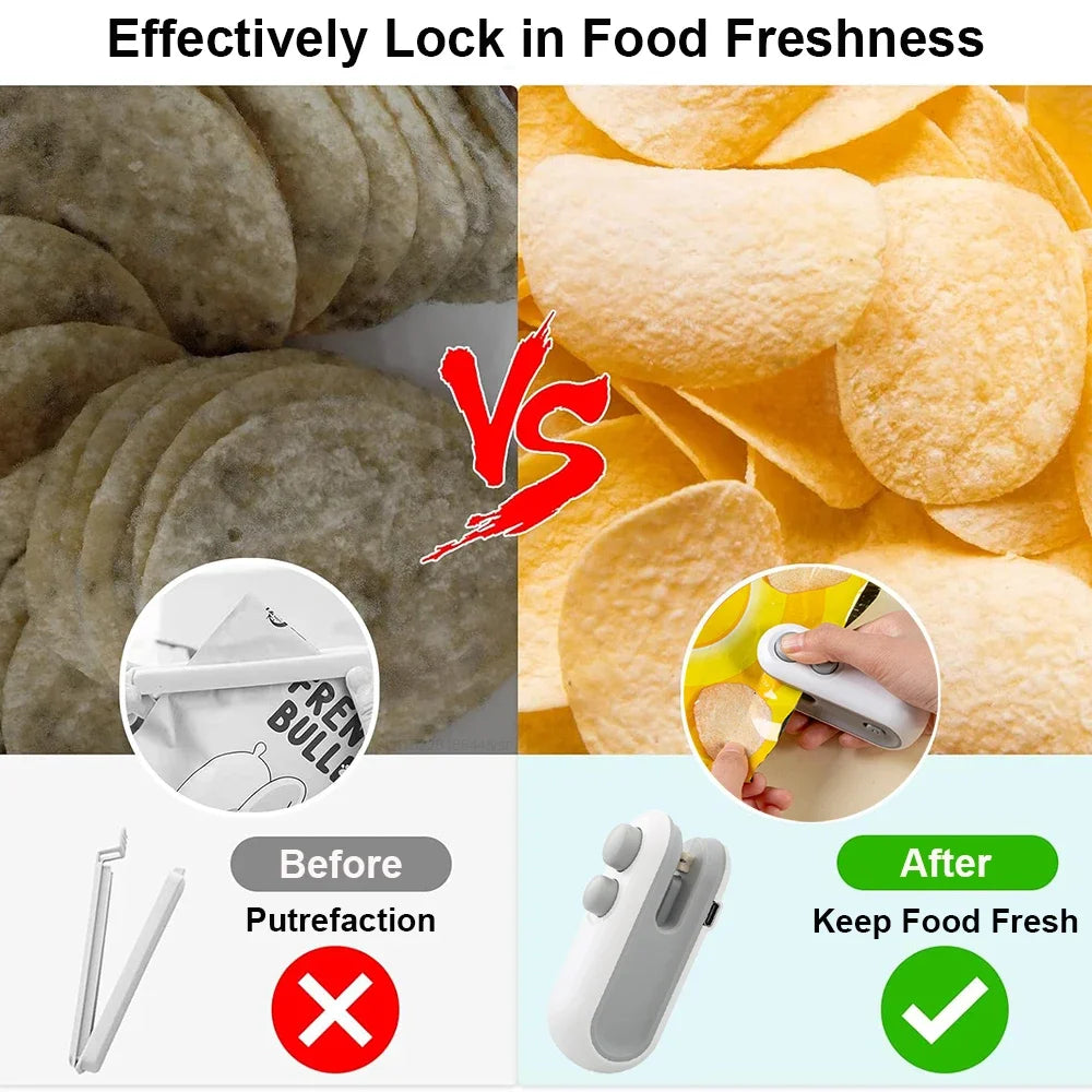 Hnventis 2-in-1 rechargeable mini bag sealer with cutter, portable thermal plastic bag sealing machine for food storage.