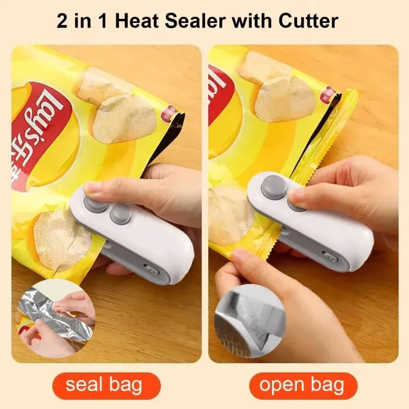 Hnventis 2-in-1 rechargeable mini bag sealer with cutter, portable thermal food storage sealant for plastic bags.